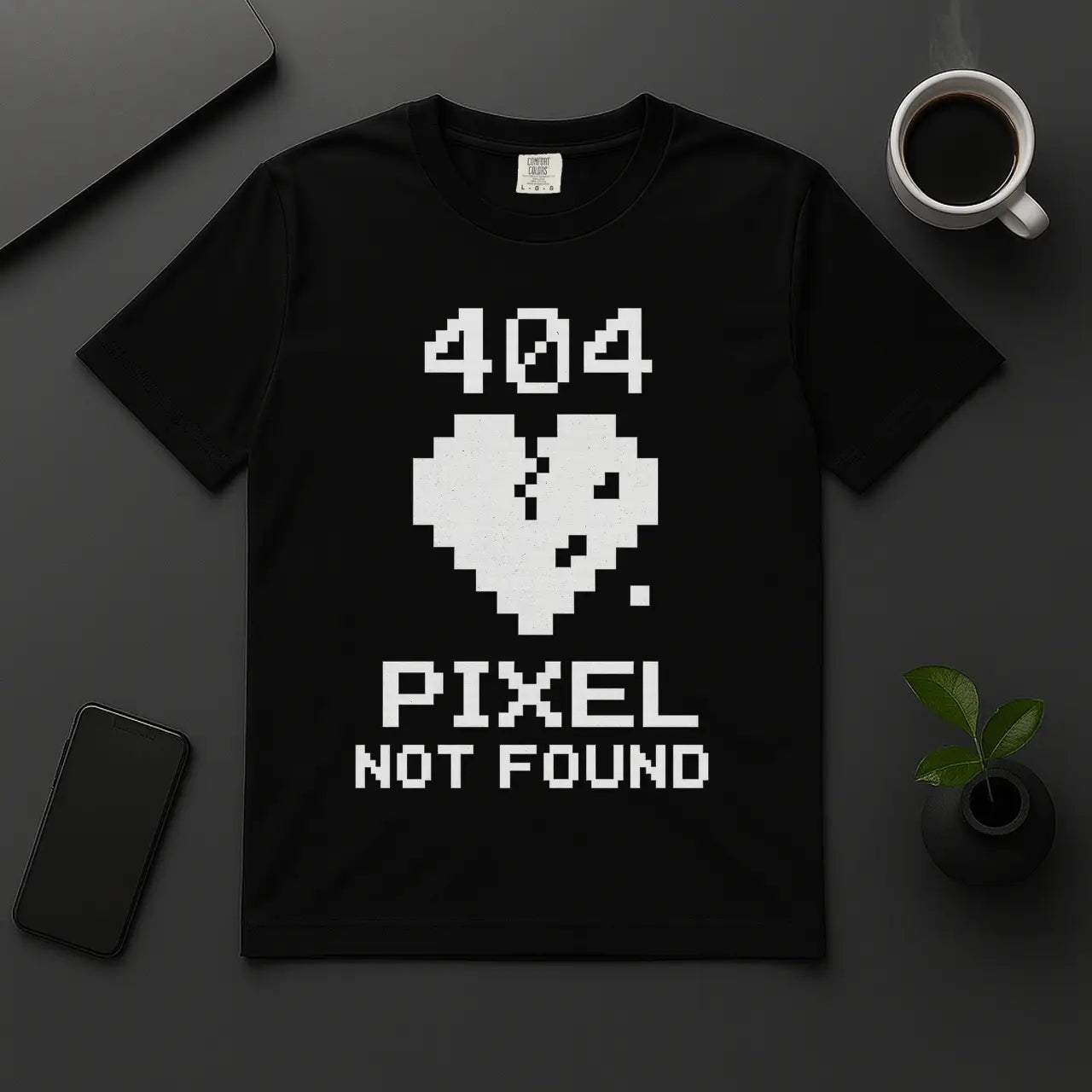 404 Pixel Not Found t-shirt with pixel heart design black programmer tee