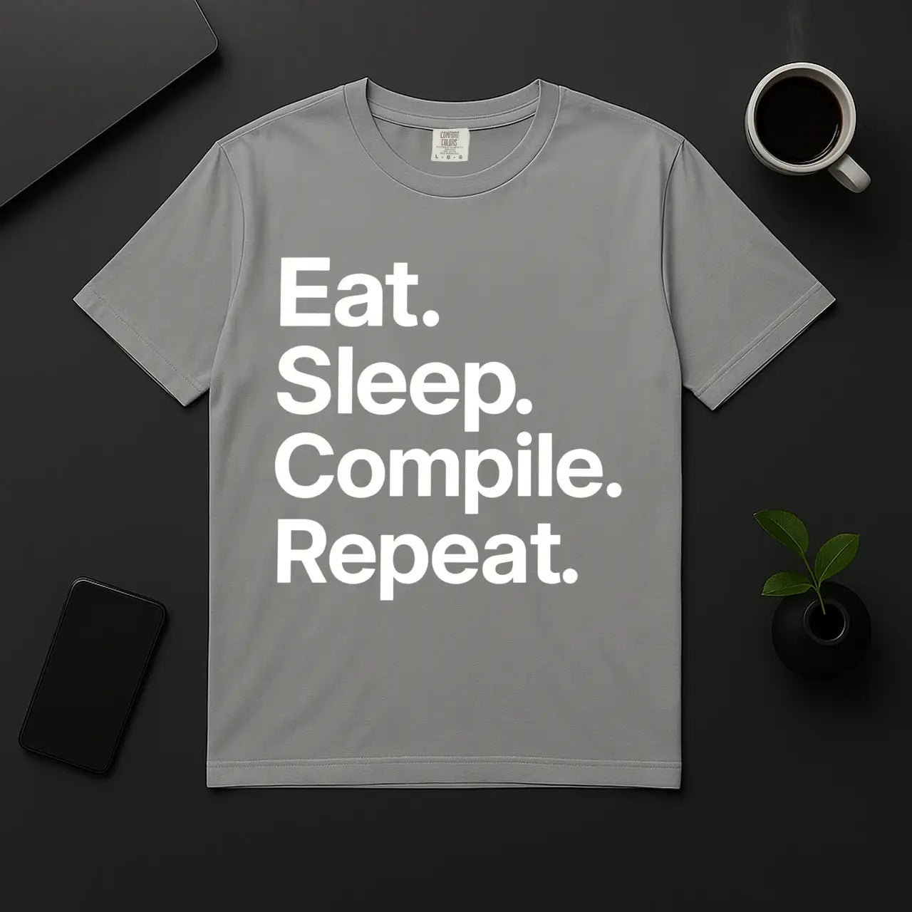 Geek coder humor t-shirt Eat Sleep Compile Repeat design gray unisex shirt