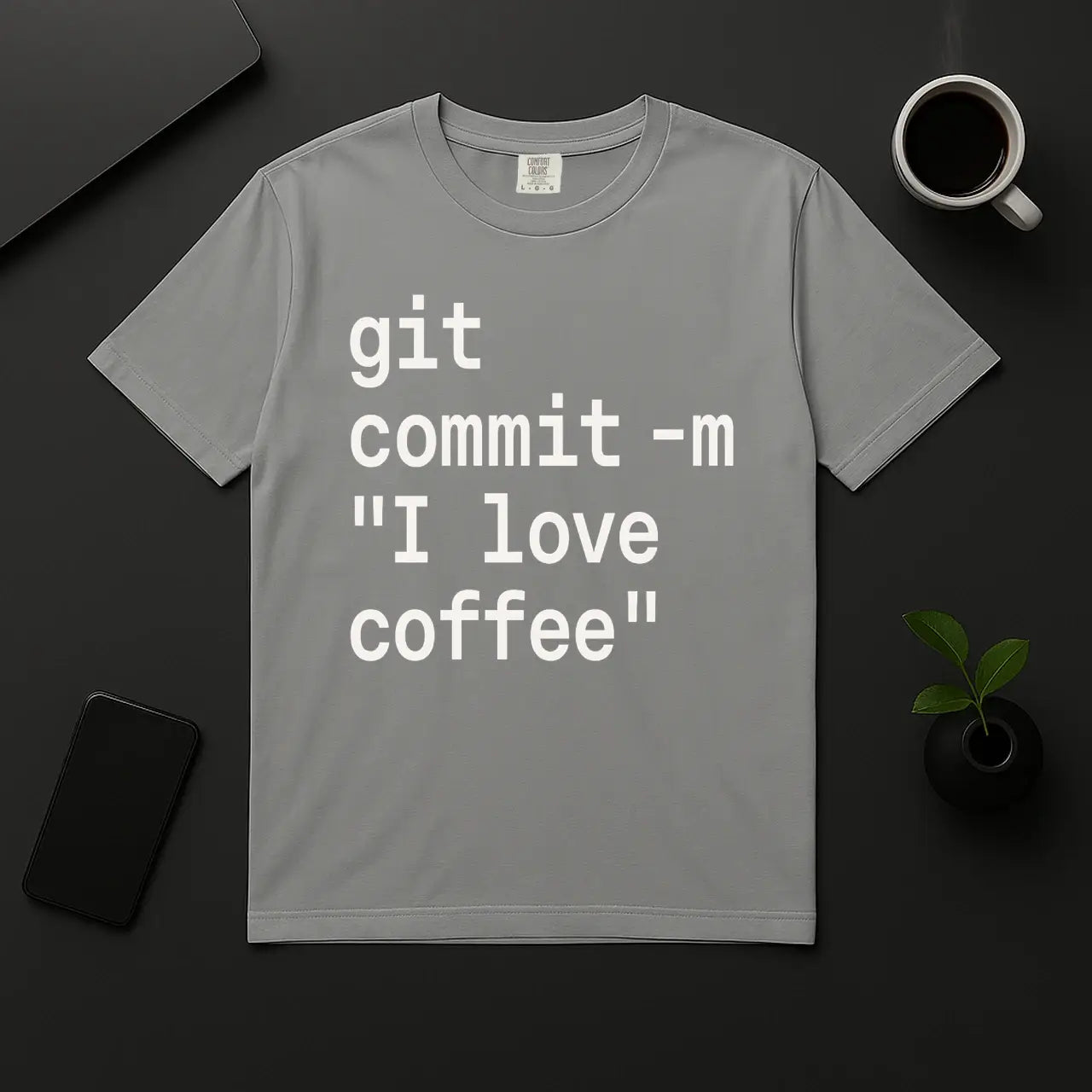 Funny coder shirt with git commit text gray coffee lover tee for developers