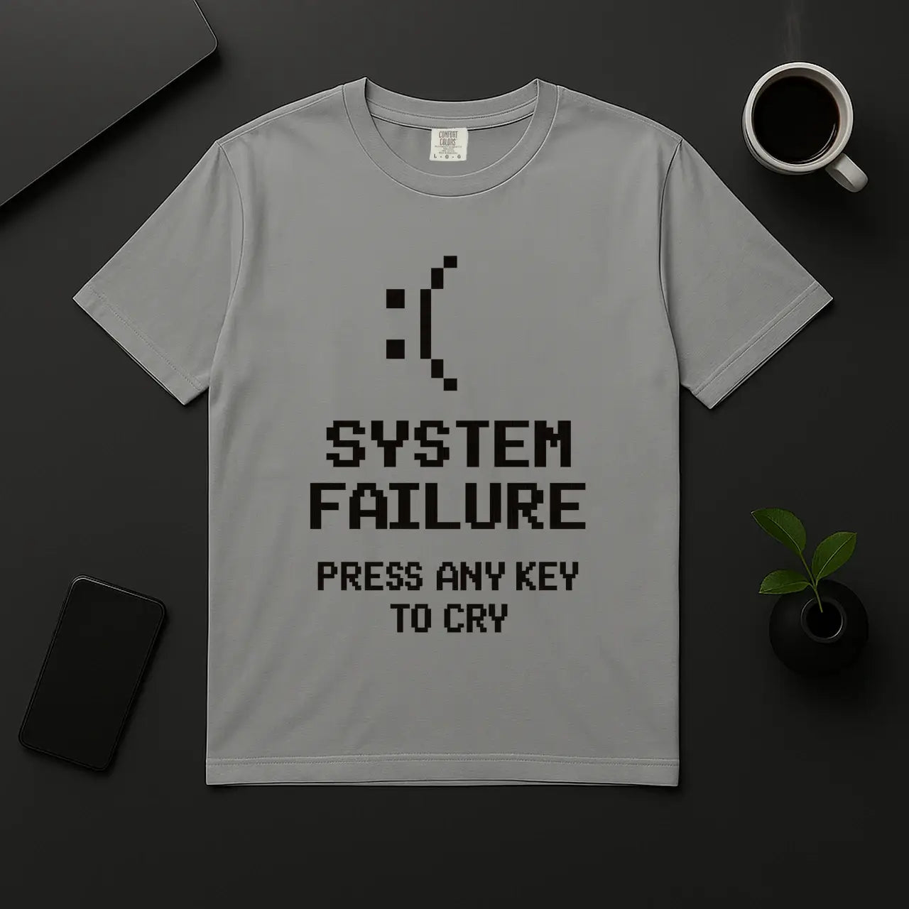 Funny error message shirt for coders – System Failure Press Any Key to Cry design gray unisex tee