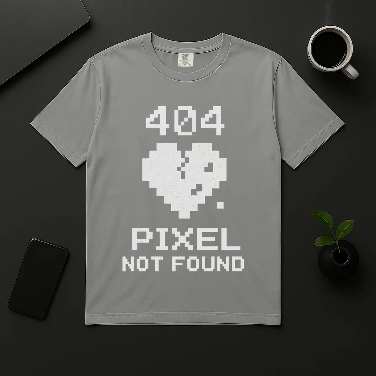 Funny coder shirt with 404 error message and pixel heart gray unisex tee