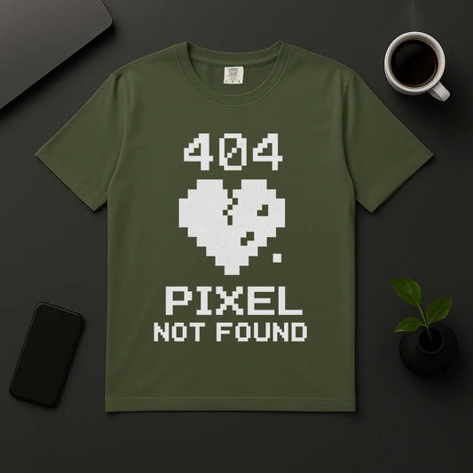 Funny coder shirt with 404 error message and pixel heart moss unisex tee