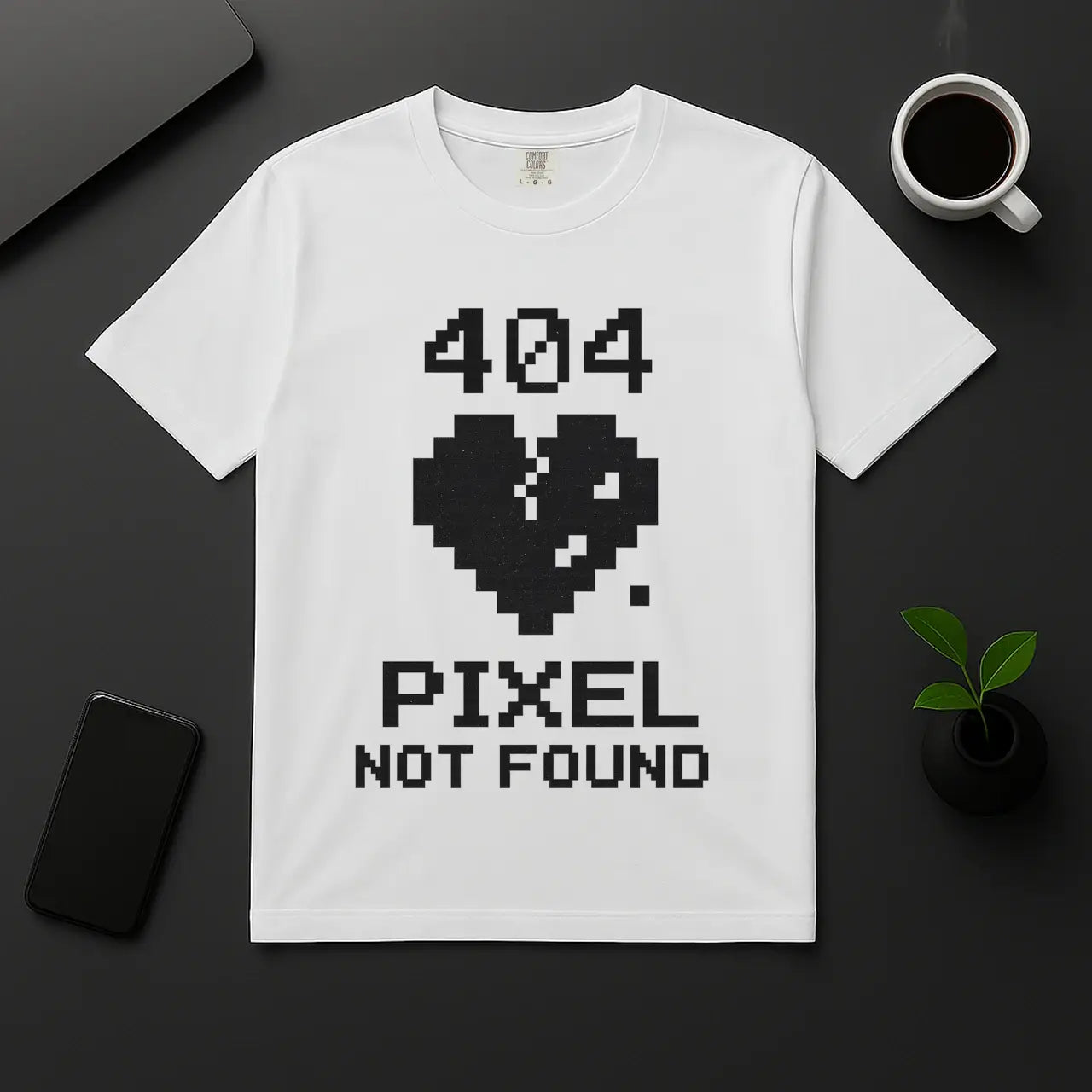 Funny coder shirt with 404 error message and pixel heart white unisex tee