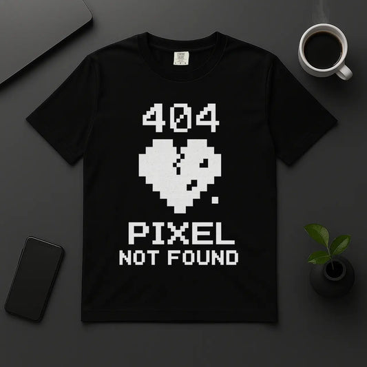 404 Pixel Not Found t-shirt with pixel heart design black programmer tee