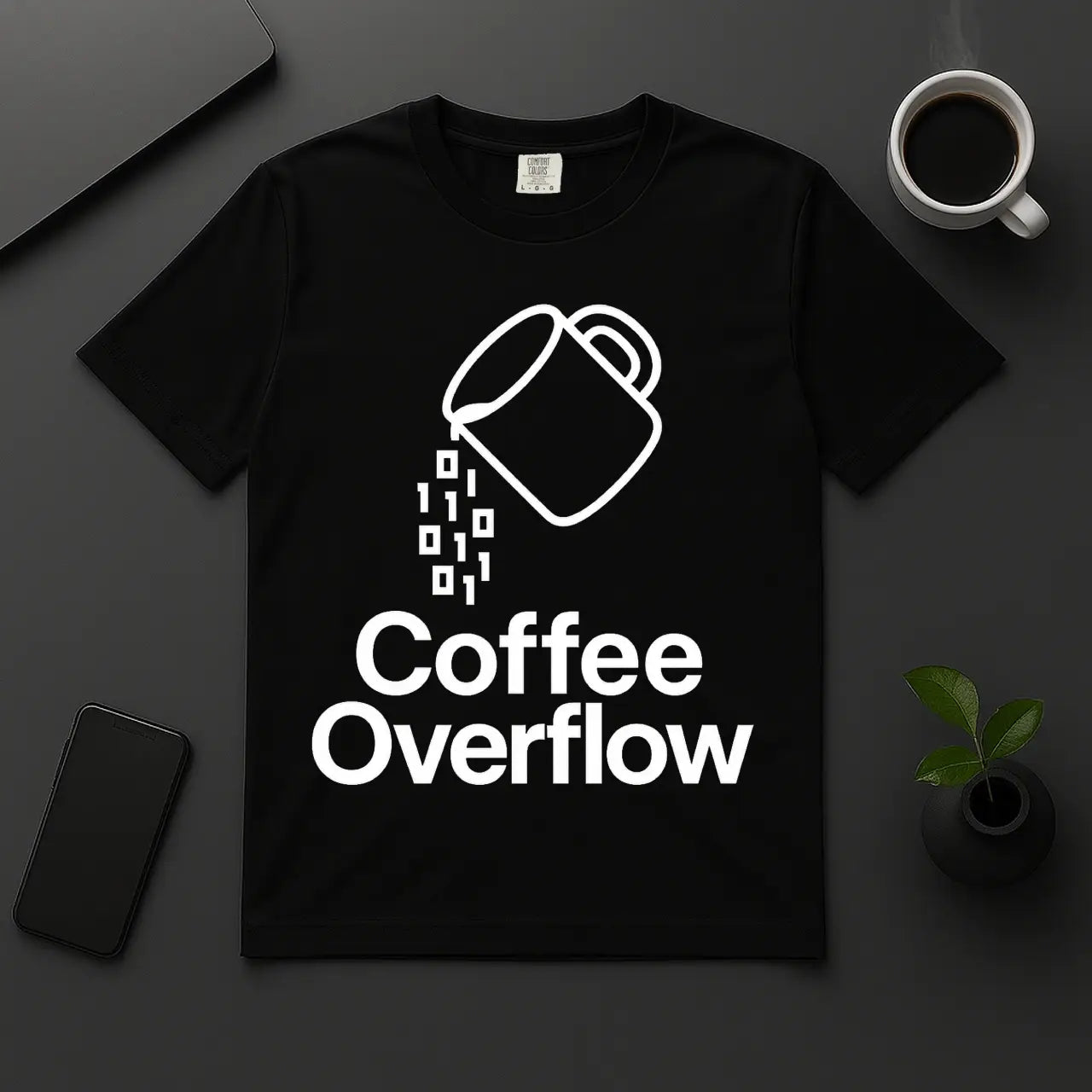 Coffee Overflow programmer t-shirt with dripping binary mug design black unisex cotton tee