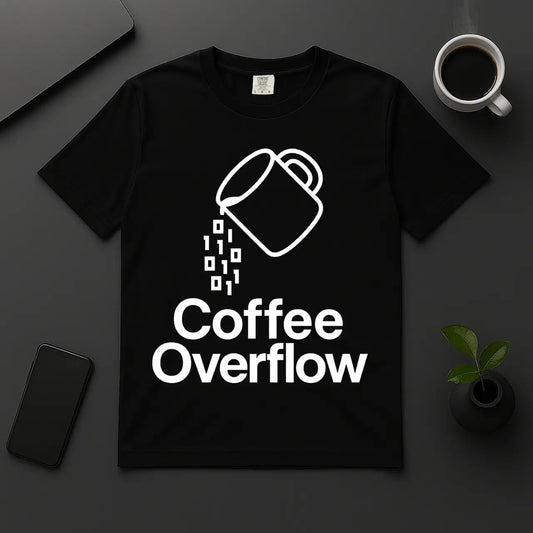 Coffee Overflow programmer t-shirt with dripping binary mug design black unisex cotton tee