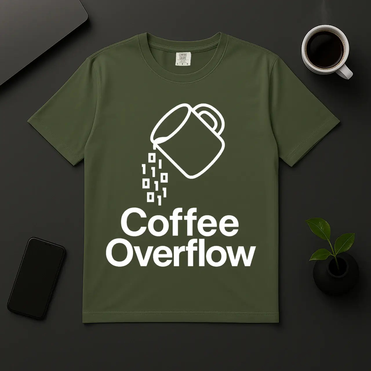 Geek coffee shirt for developers Coffee Overflow binary mug graphic moss green tee
