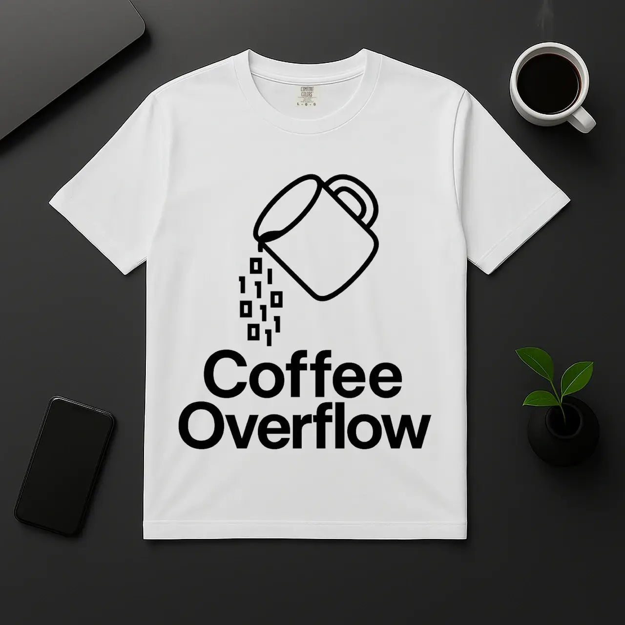 Geek coffee shirt for developers Coffee Overflow binary mug graphic white tee