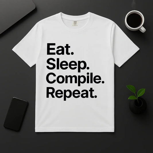 Geek coder humor t-shirt Eat Sleep Compile Repeat design white unisex shirt