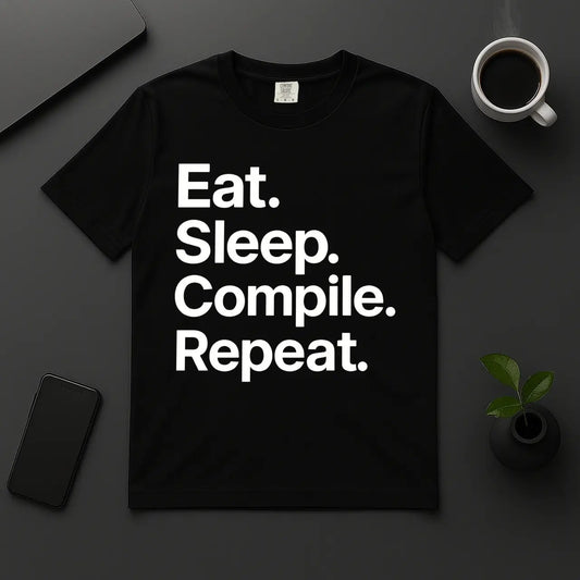 Funny programmer t-shirt with text Eat Sleep Compile Repeat in bold font black cotton tee