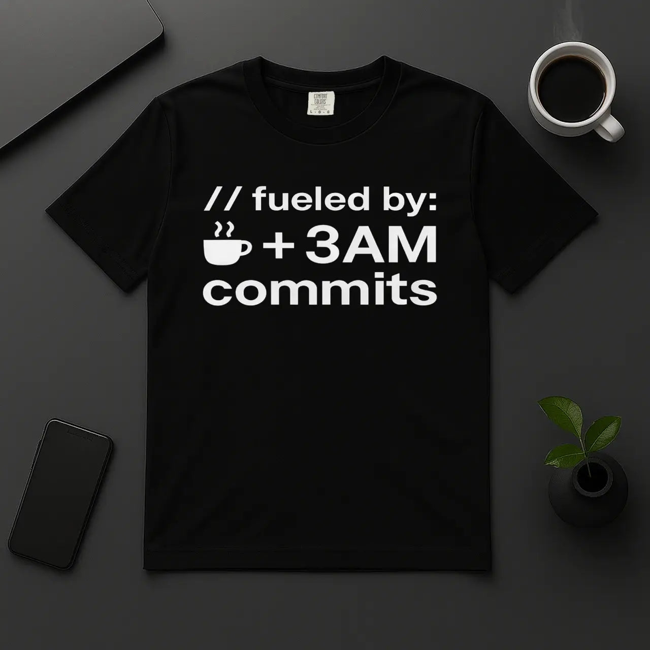 Funny programmer t-shirt with text Fueled by coffee and 3AM commits black cotton tee