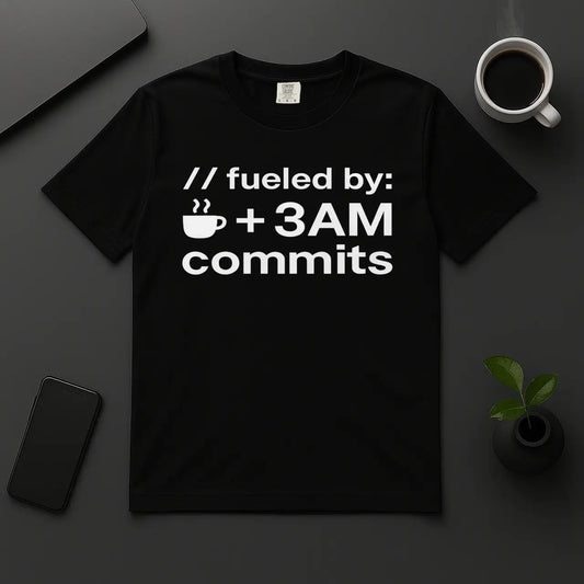 Funny programmer t-shirt with text Fueled by coffee and 3AM commits black cotton tee