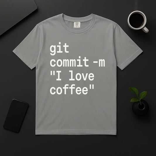 Funny coder shirt with git commit text gray coffee lover tee for developers