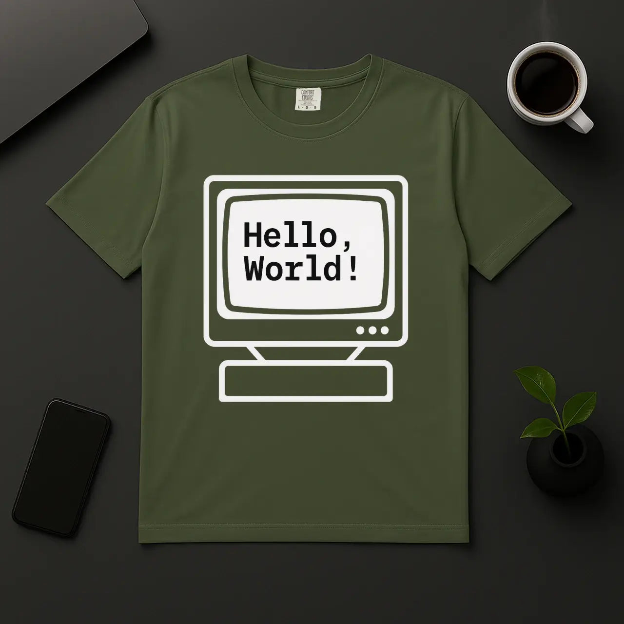 Geek nostalgia t-shirt with Hello World text in retro pixel monitor moss green cotton tee