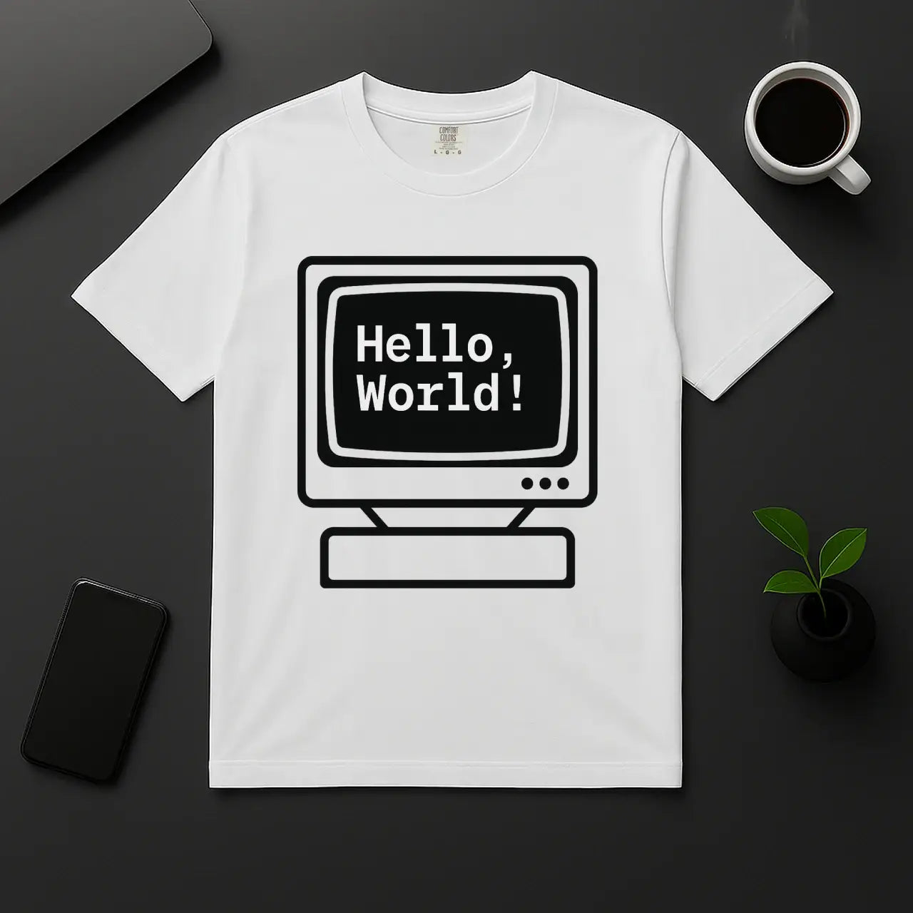 Geek nostalgia t-shirt with Hello World text in retro pixel monitor white cotton tee