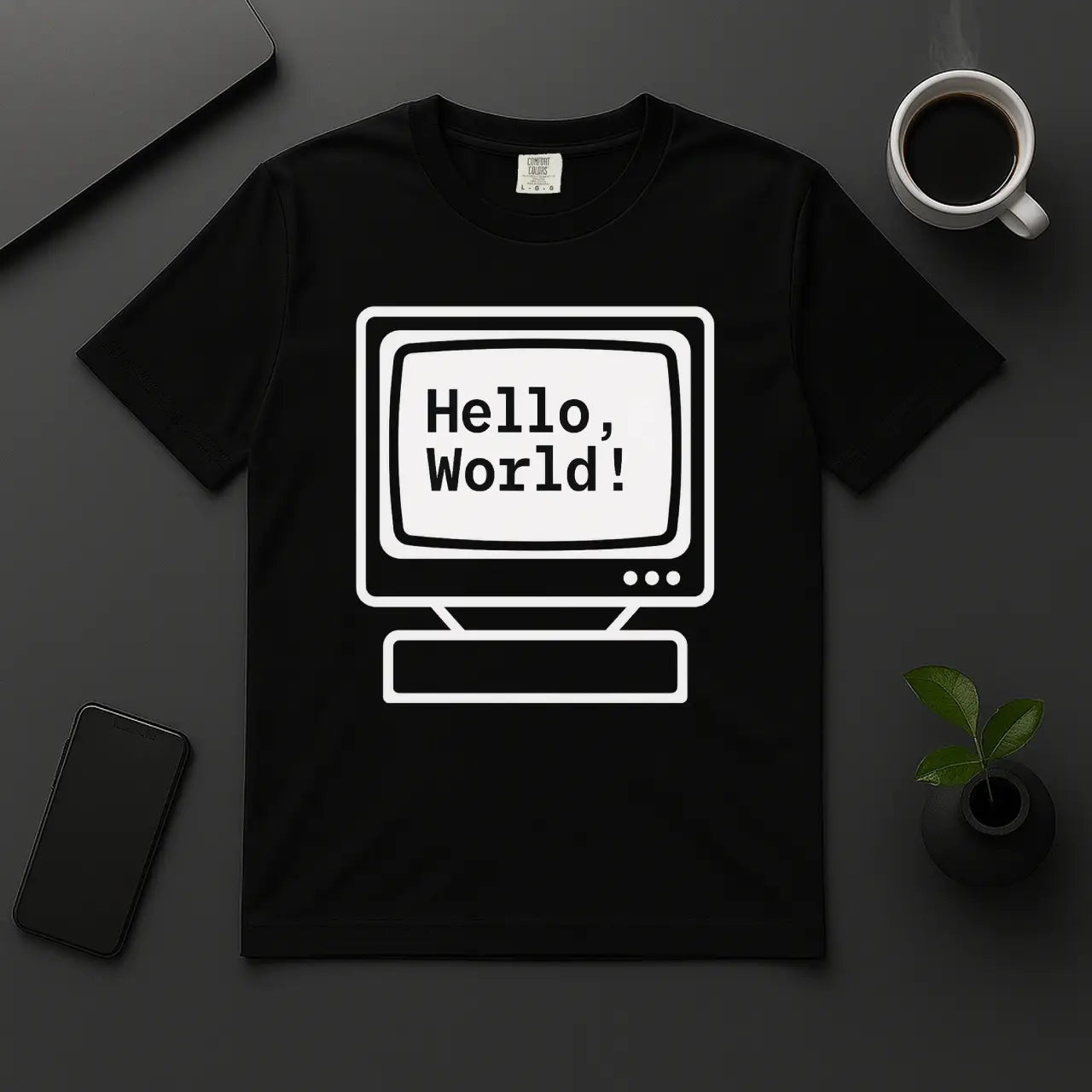 Hello World retro computer monitor t-shirt black programmer tee with pixel font design