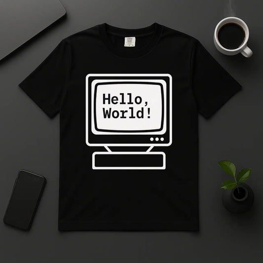 Hello World retro computer monitor t-shirt black programmer tee with pixel font design
