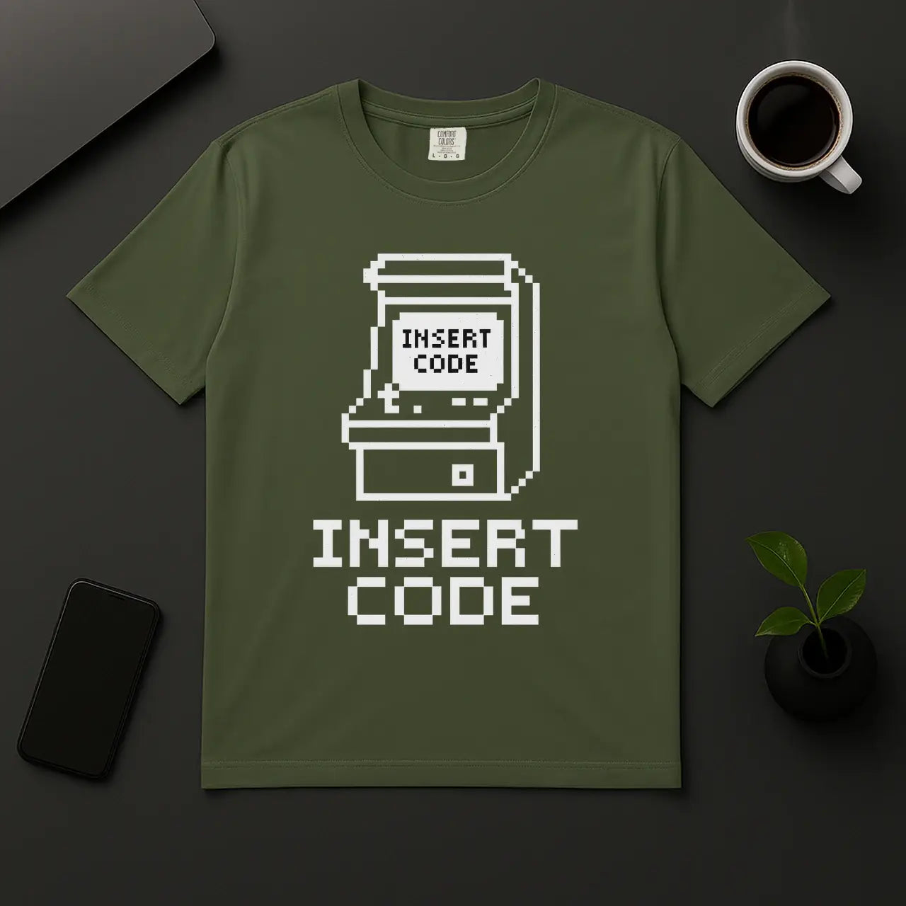 Geek gaming and coder shirt with pixel arcade machine moss green unisex tee