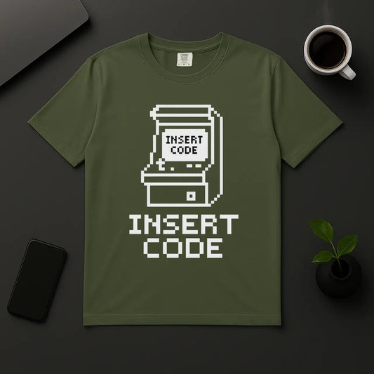 Geek gaming and coder shirt with pixel arcade machine moss green unisex tee