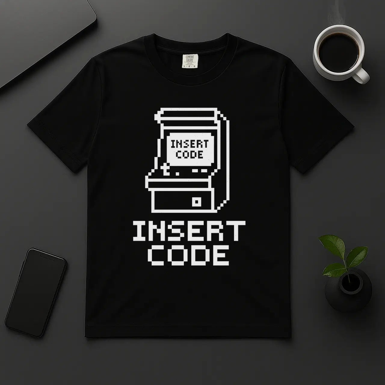 Insert Code retro arcade t-shirt with 8-bit cabinet graphic black programmer tee
