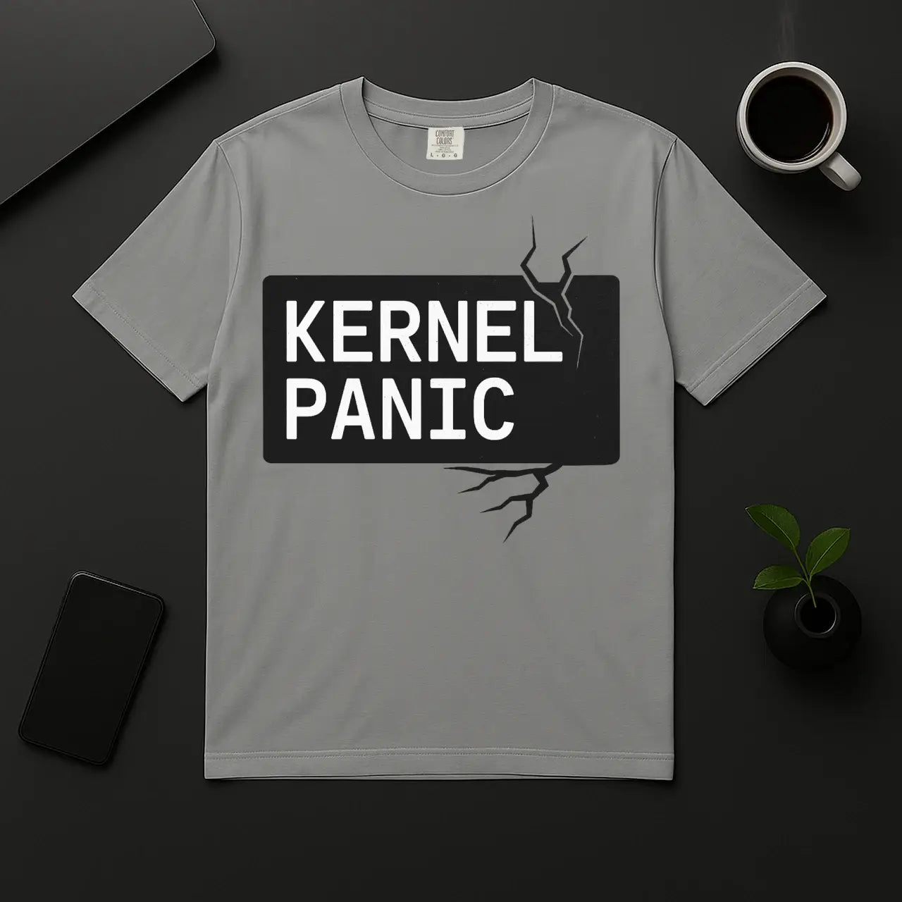 Geek coding humor t-shirt with Kernel Panic text gray unisex shirt