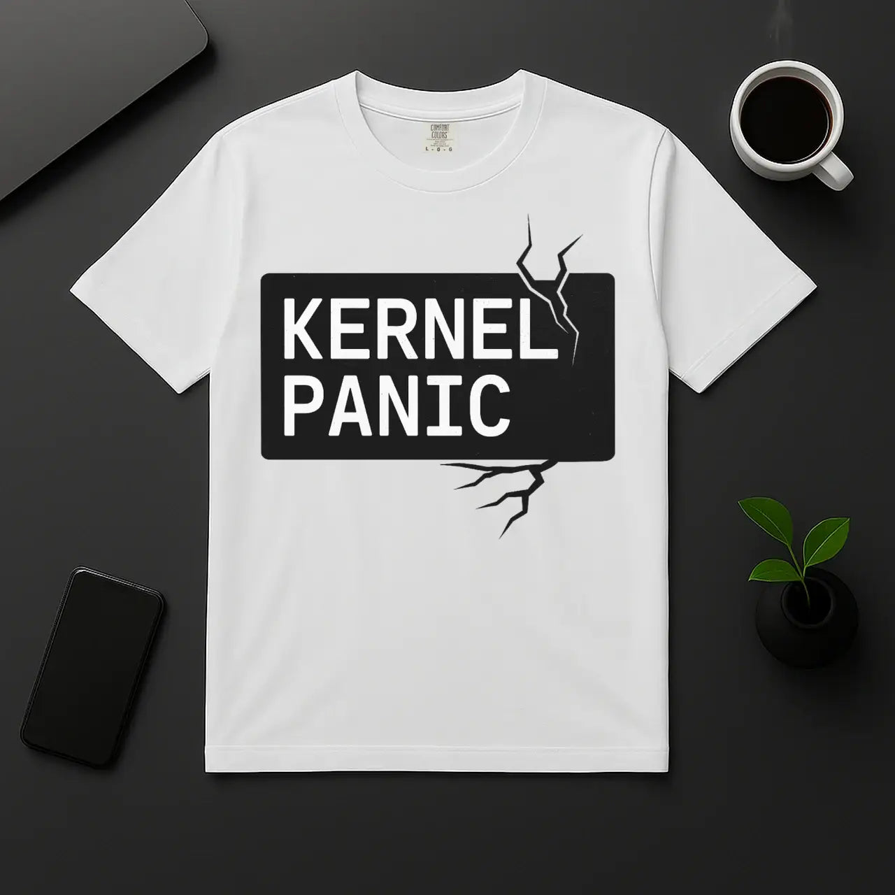 Geek coding humor t-shirt with Kernel Panic text white unisex shirt
