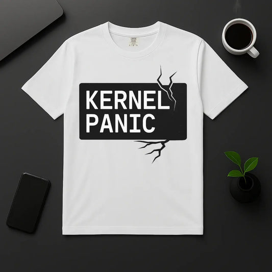 Geek coding humor t-shirt with Kernel Panic text white unisex shirt