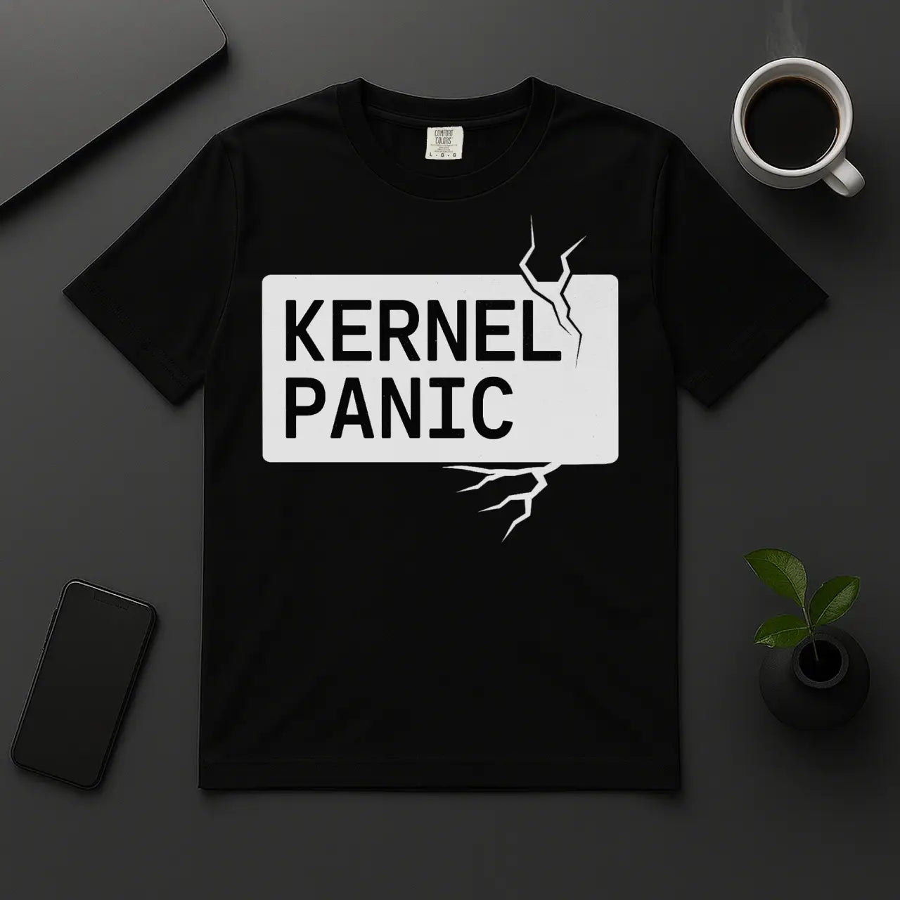 Funny programmer t-shirt Kernel Panic error design with lightning black cotton tee