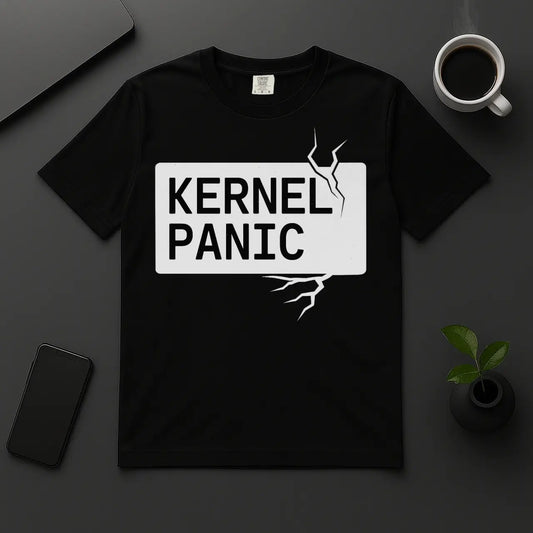 Funny programmer t-shirt Kernel Panic error design with lightning black cotton tee