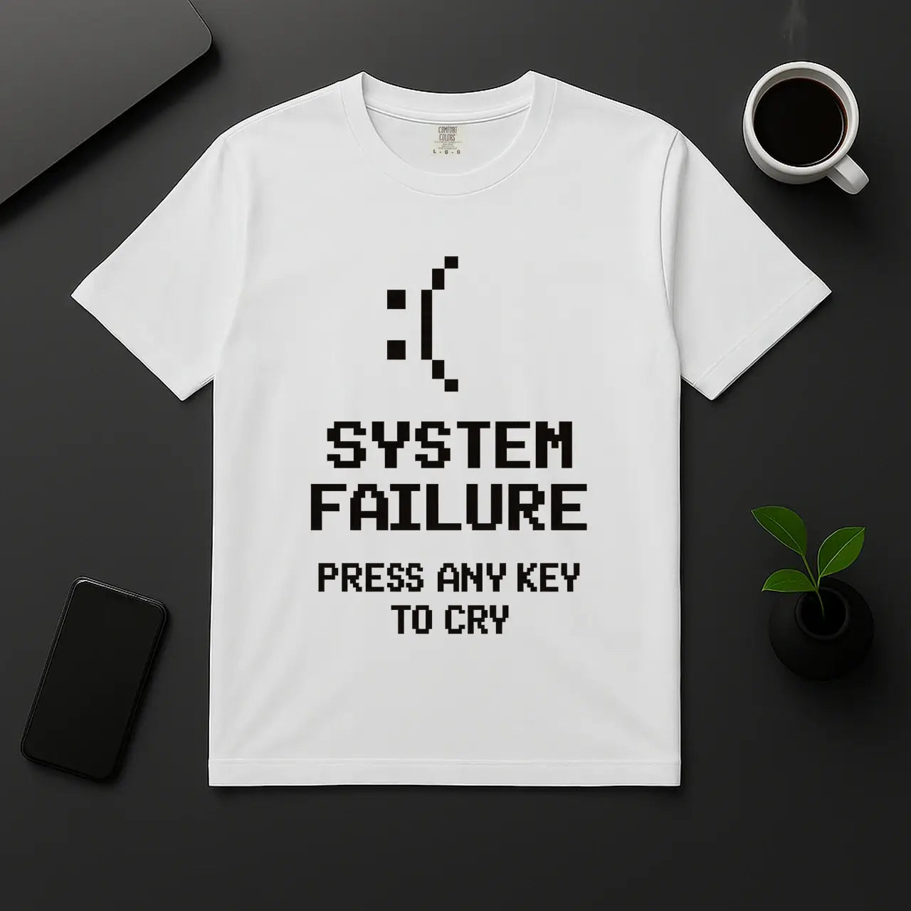Funny error message shirt for coders – System Failure Press Any Key to Cry design white unisex tee