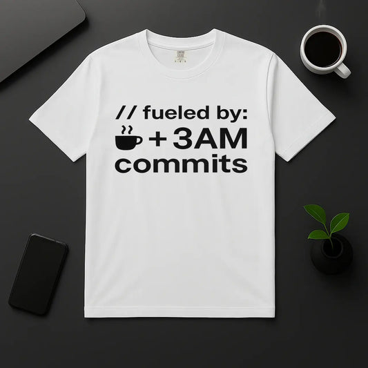 Geek coder humor shirt Fueled by coffee and 3AM commits white tee flat lay