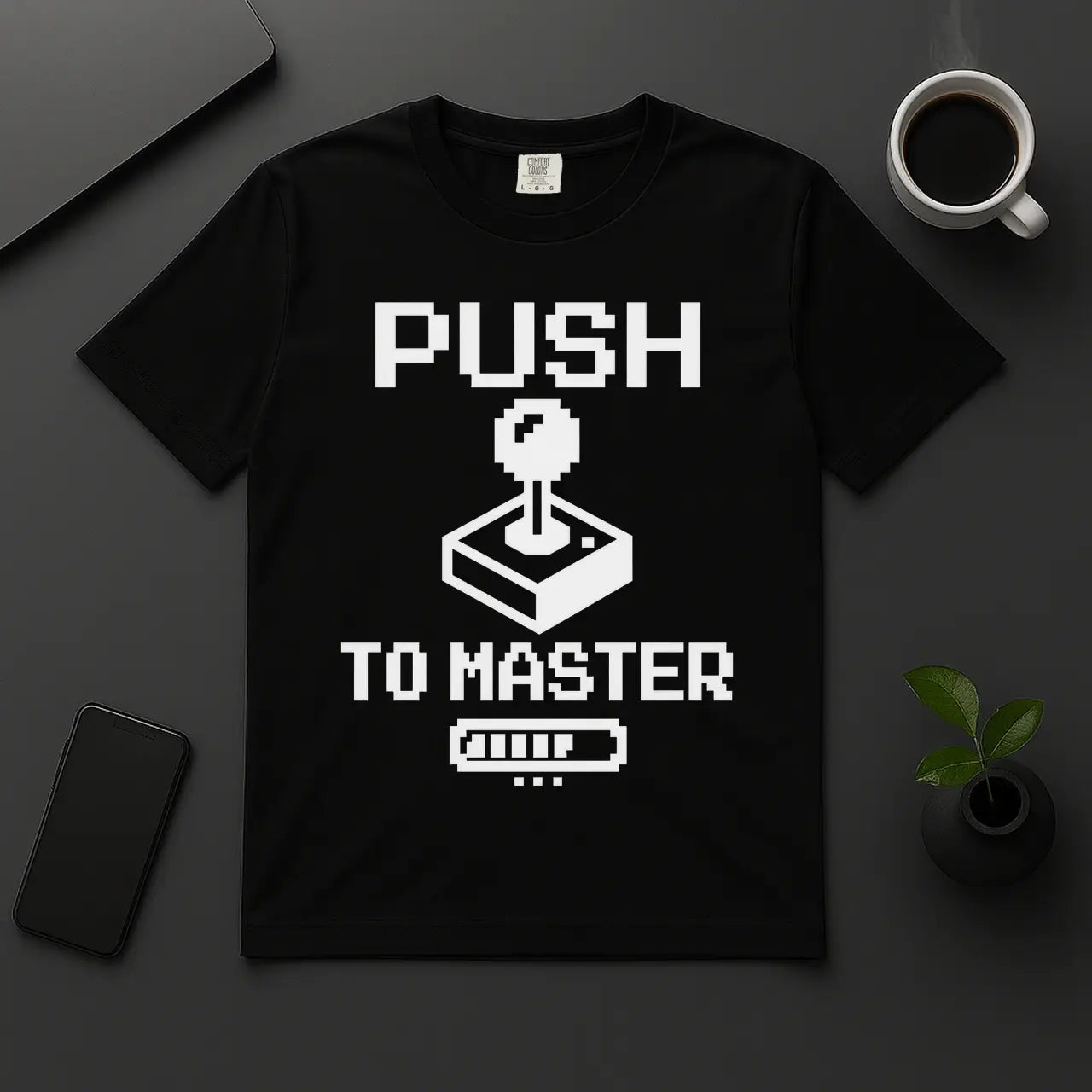 Push to Master programmer t-shirt with pixel joystick and loading bar black unisex tee