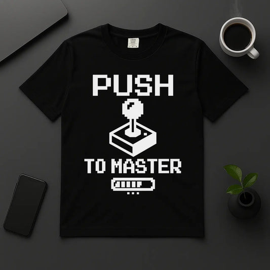 Push to Master programmer t-shirt with pixel joystick and loading bar black unisex tee