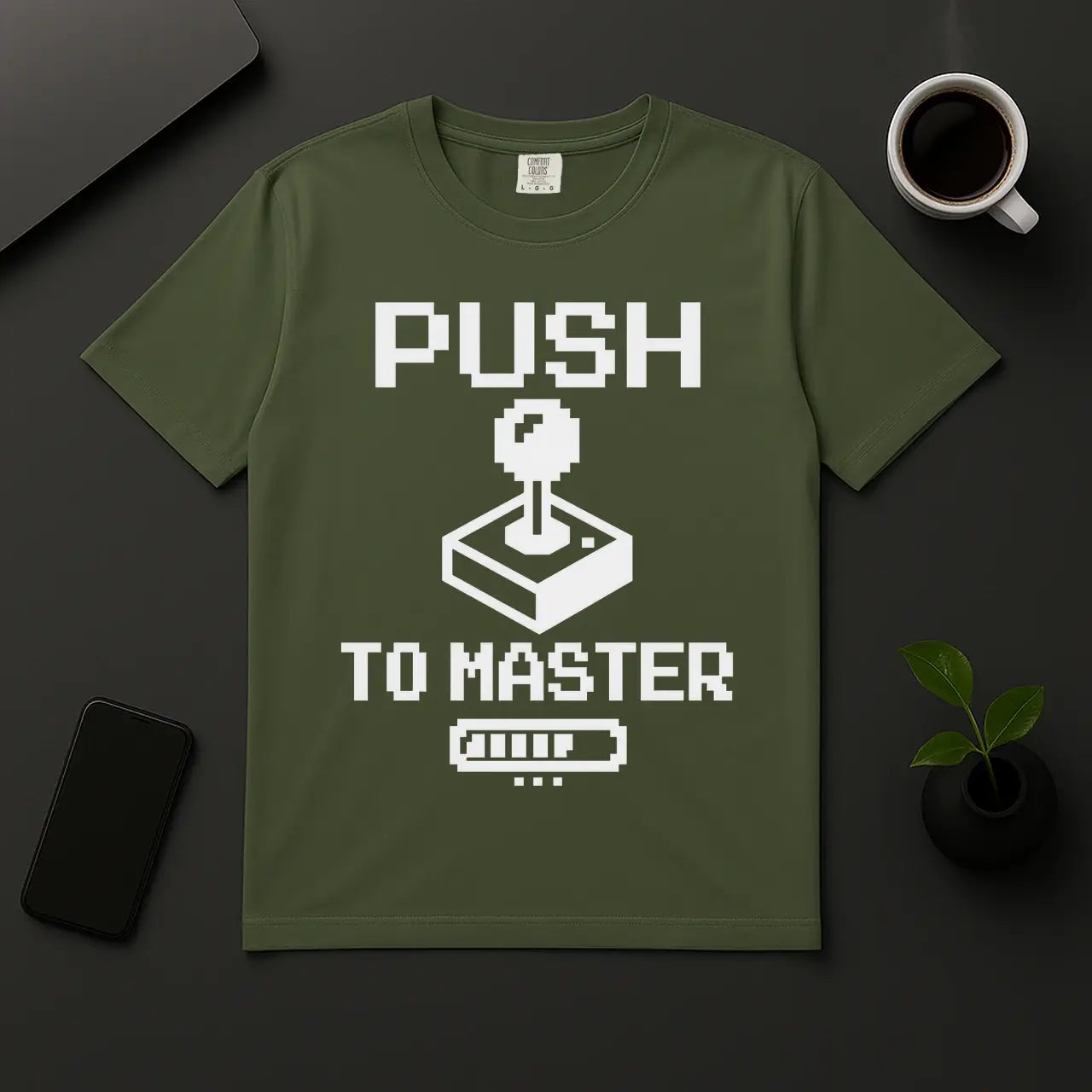 Retro gaming meets coding shirt Push to Master joystick graphic moss green tee