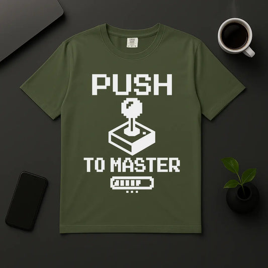 Retro gaming meets coding shirt Push to Master joystick graphic moss green tee