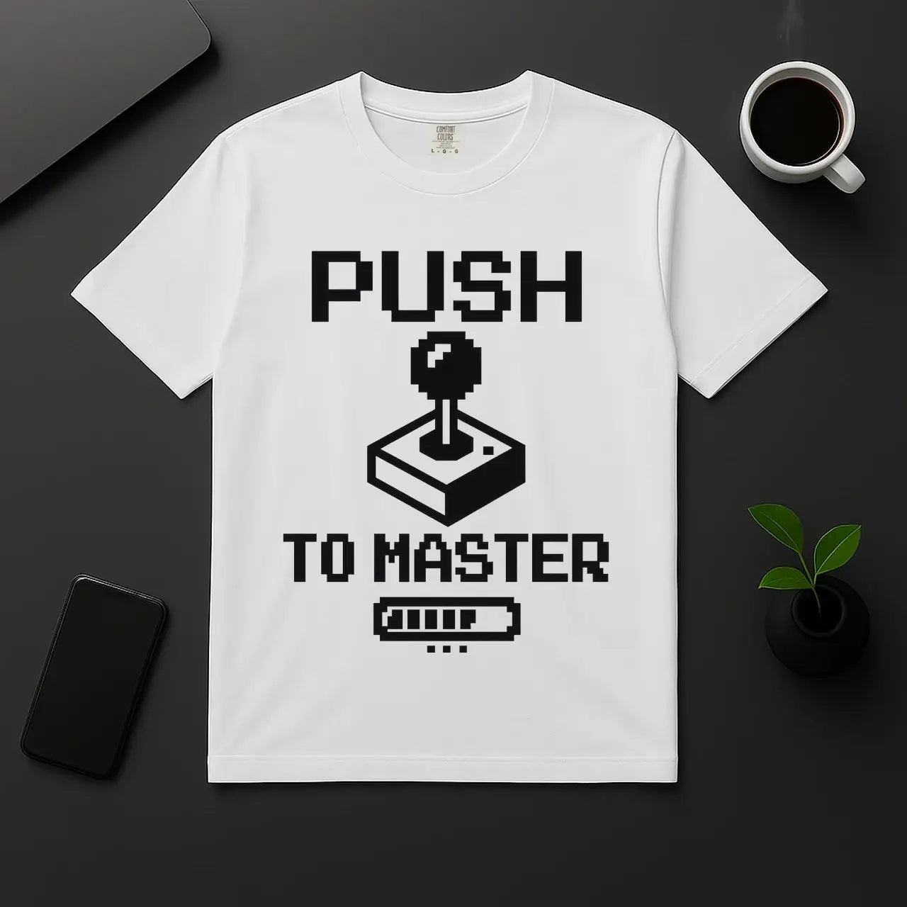 Retro gaming meets coding shirt Push to Master joystick graphic white tee