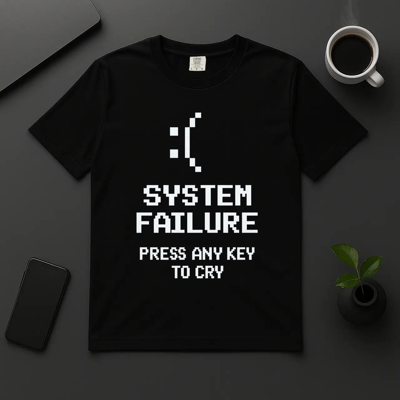 System Failure programmer t-shirt with Press Any Key to Cry pixel-font design black cotton tee