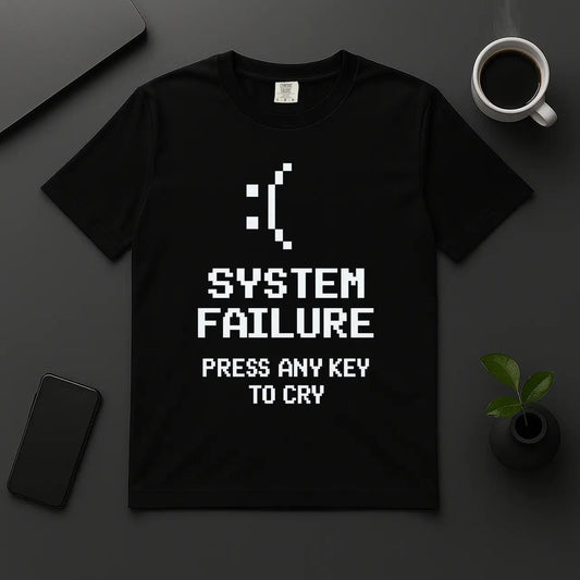 System Failure programmer t-shirt with Press Any Key to Cry pixel-font design black cotton tee